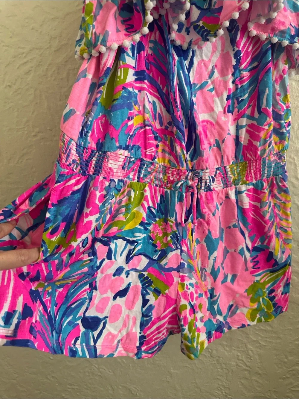 Lilly Pulitzer Leonie Romper Gumbo Limbo Pink Blue Floral Ruffle Trim Girls XL